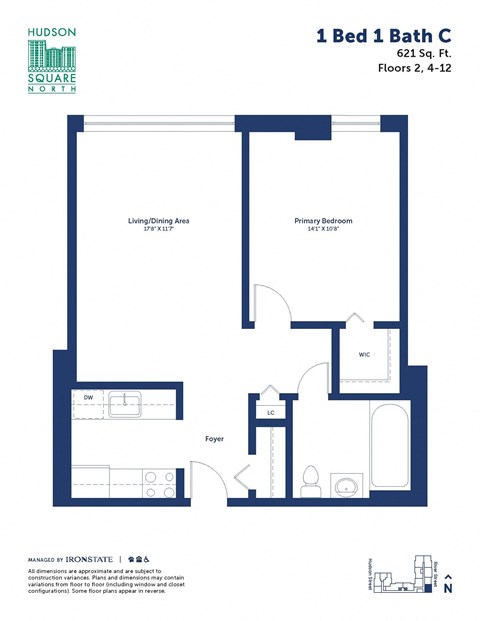 Floor plan for 1 bed, 1 bath, 693 sqft